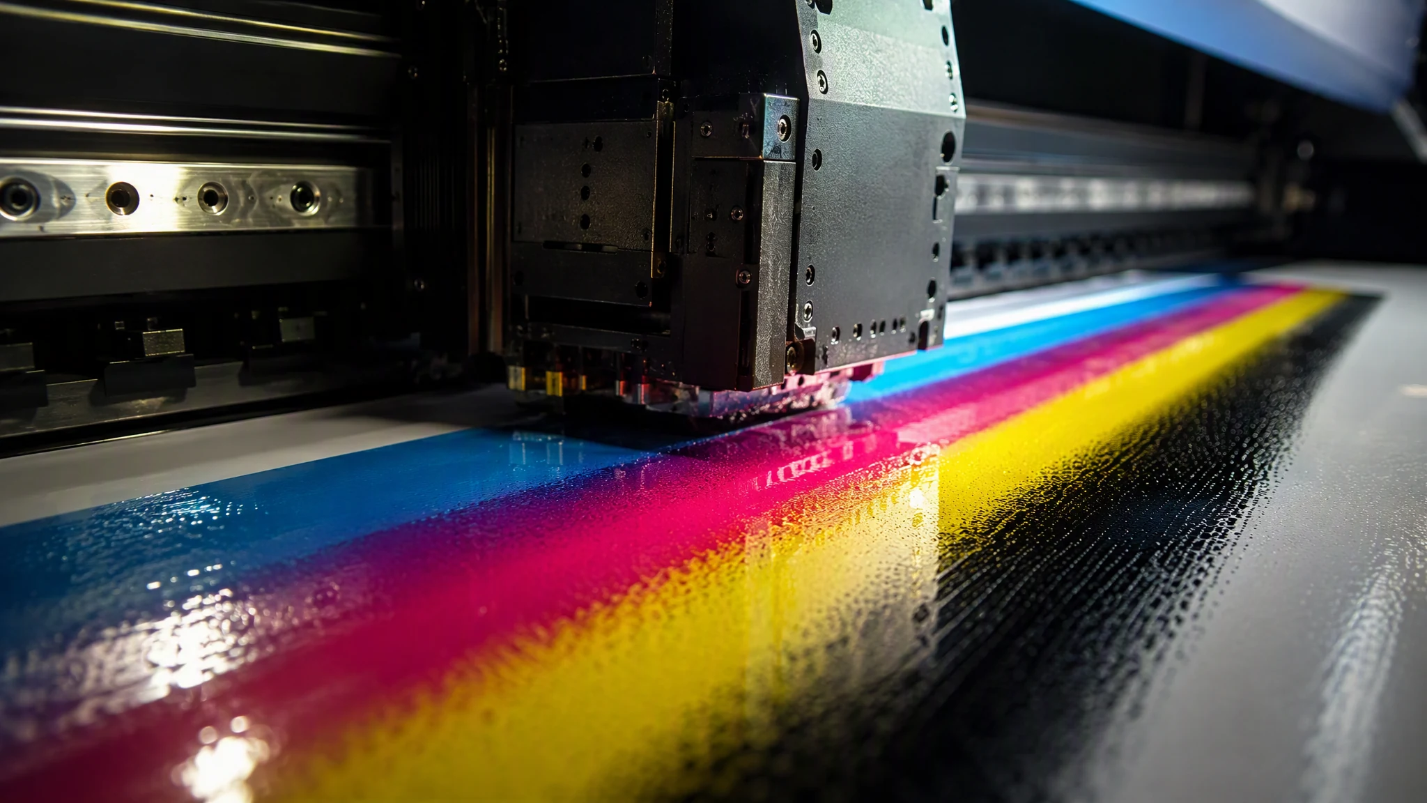 Cabezal de plotter imprimiendo tintas CMYK sobre vinil brillante